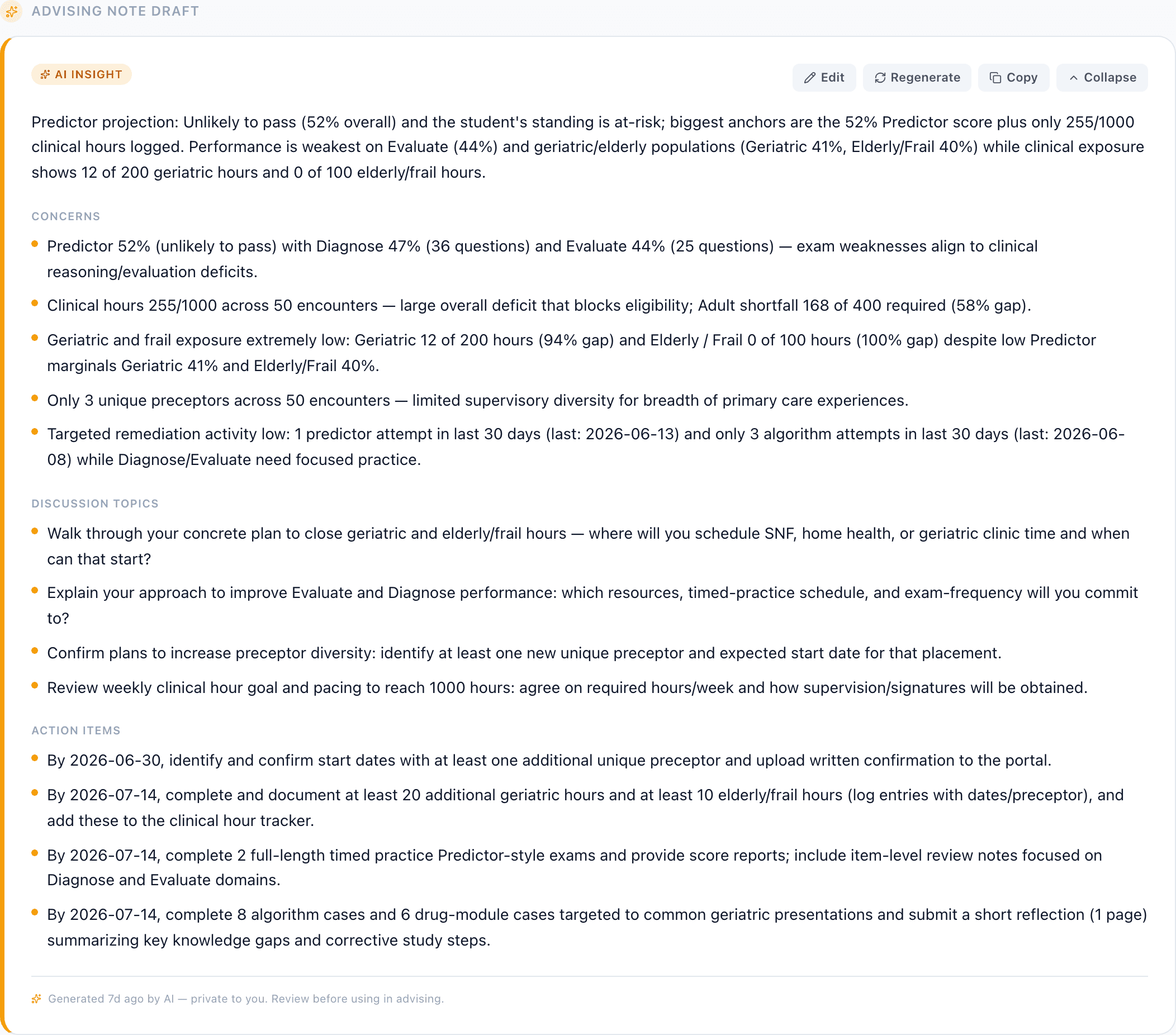 A ScholarGenie AI advising note draft with status summary, concerns, discussion topics, and dated action items